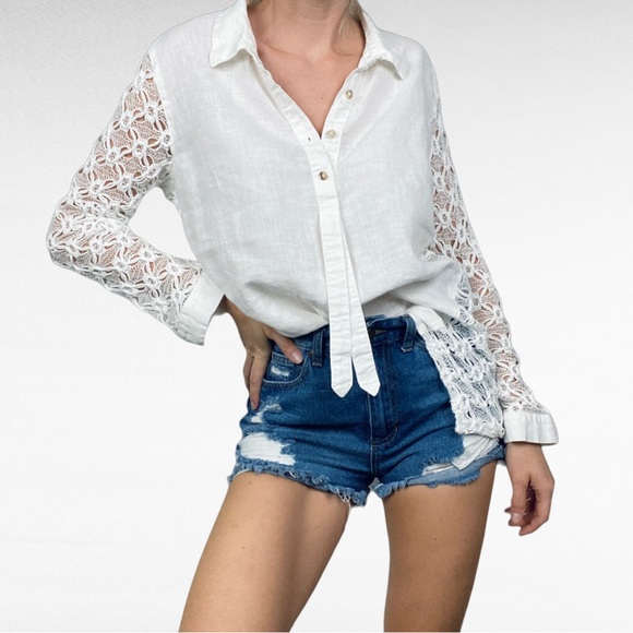 Moonlight Y&S Fashion Design | White Lace Back Long Sleeve Linen Tunic Shirt - Picture 5 of 10